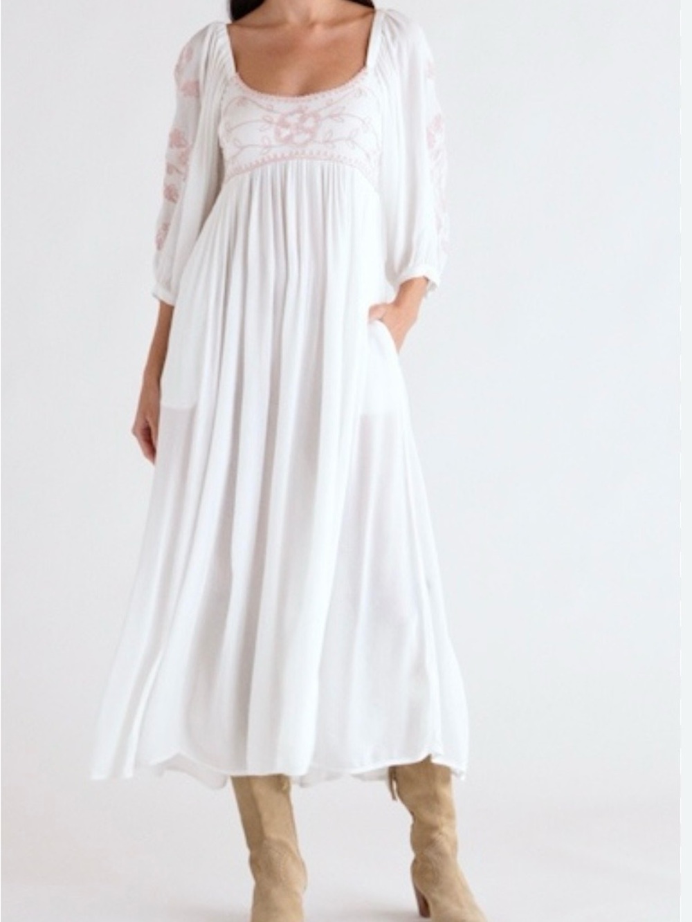 Free People White Maxi Dress with Pink Embroidery
